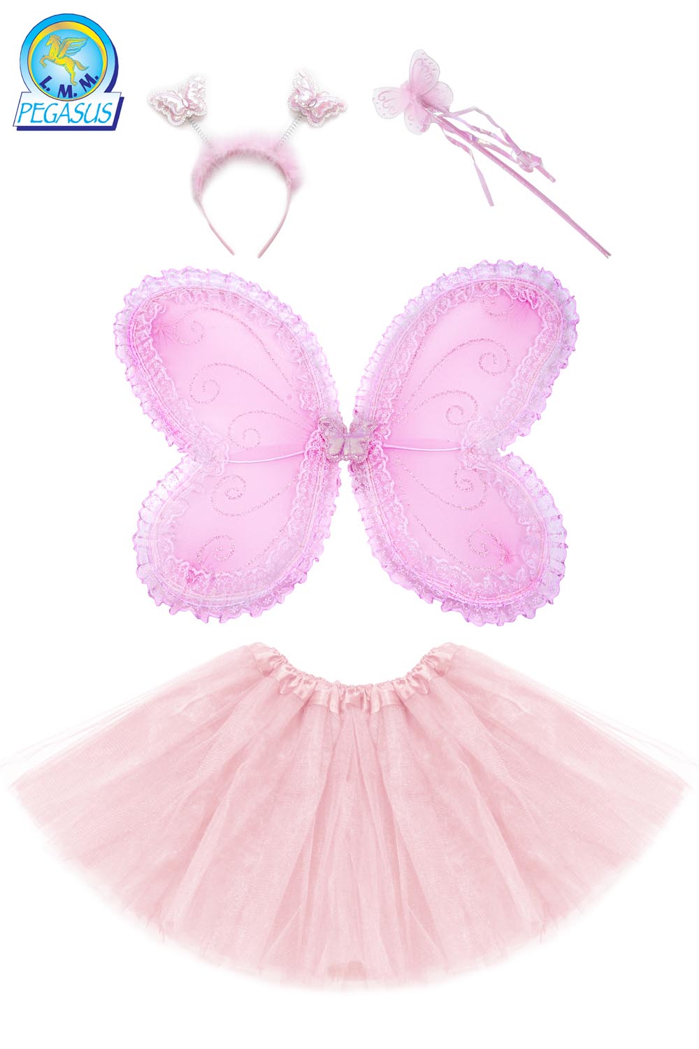 SET FARFALLA ROSA 4 PZ(CERCHIETTO, ALI, BACCHETTA E GONNA) BAMBINA